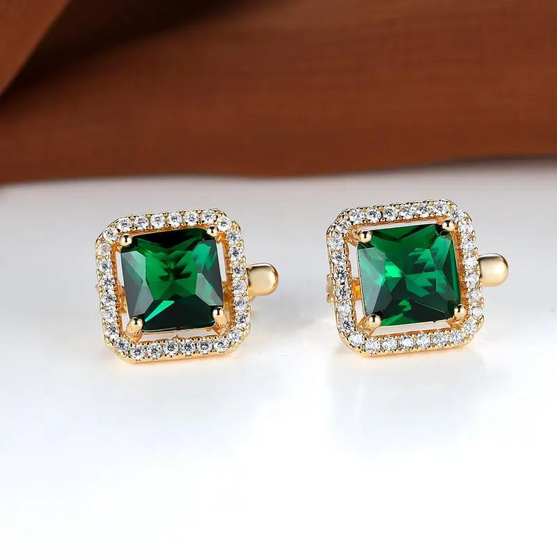 Aretes Cuadrados Dorados con Circonia Verde