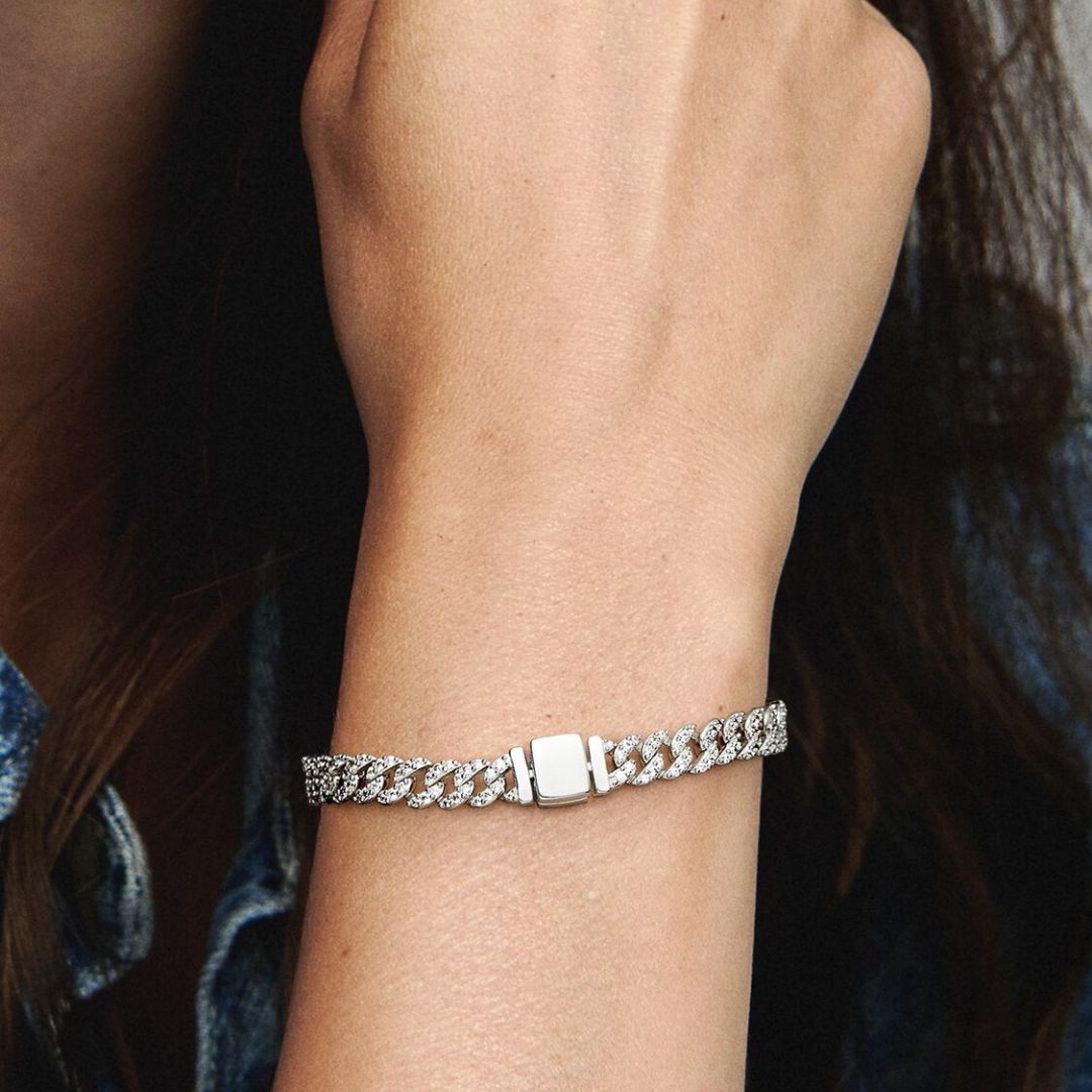 Pulsera Cubana con Pavé | Oro blanco