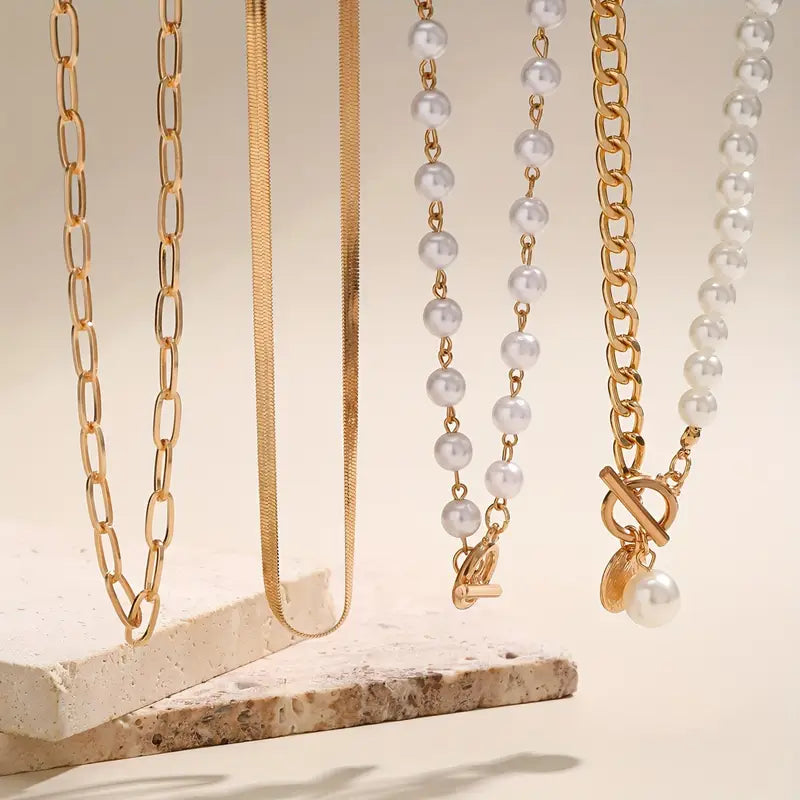 Juego de Collares Vintage de Perla y Cadena Serpiente | Oro