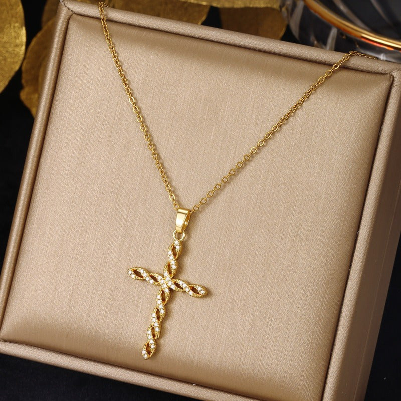 Collar Giro de Cristal con Cruz | Oro