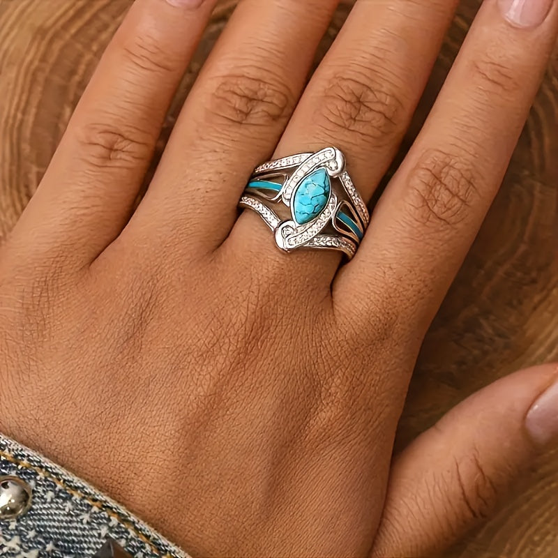 Anillo Llamativo de Turquesa Corte Marquesa | Oro blanco