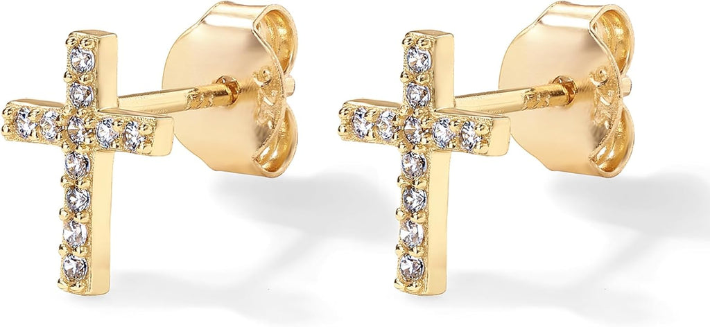 Aretes de botón cruz pavé | Oro