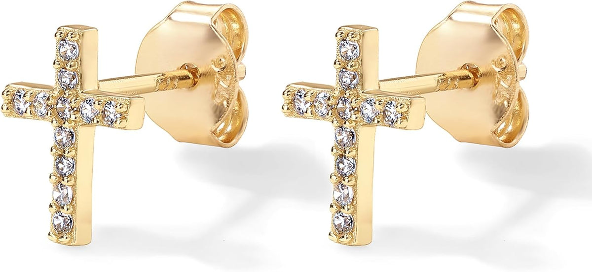 Aretes de botón cruz pavé | Oro