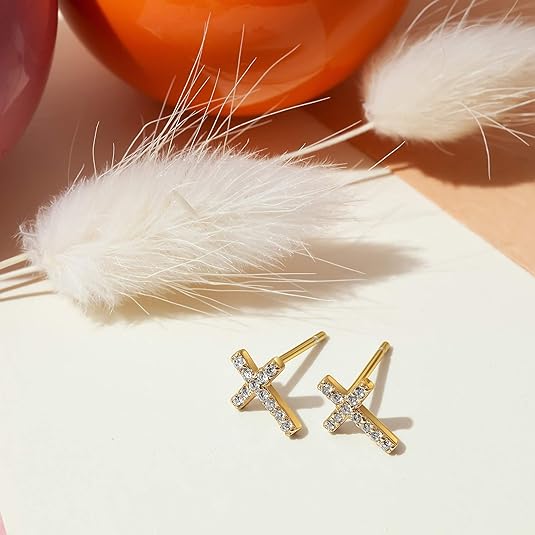 Aretes de botón cruz pavé | Oro