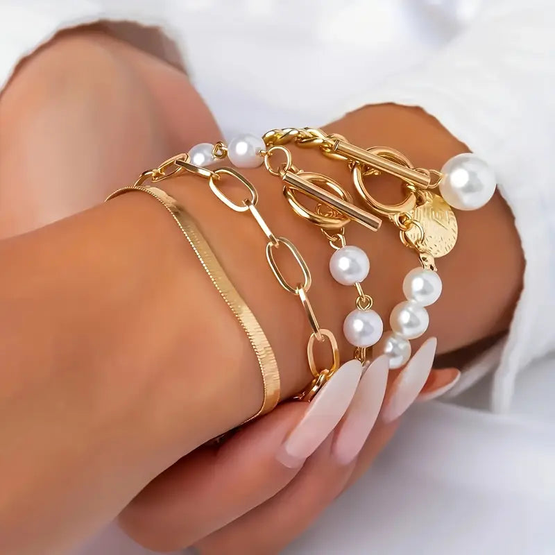 Juego de 4 Pulseras Oro - Serpiente, Perlas y Eslabones