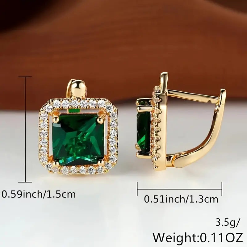 Aretes Cuadrados Dorados con Circonia Verde