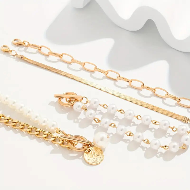 Juego de 4 Pulseras Oro - Serpiente, Perlas y Eslabones