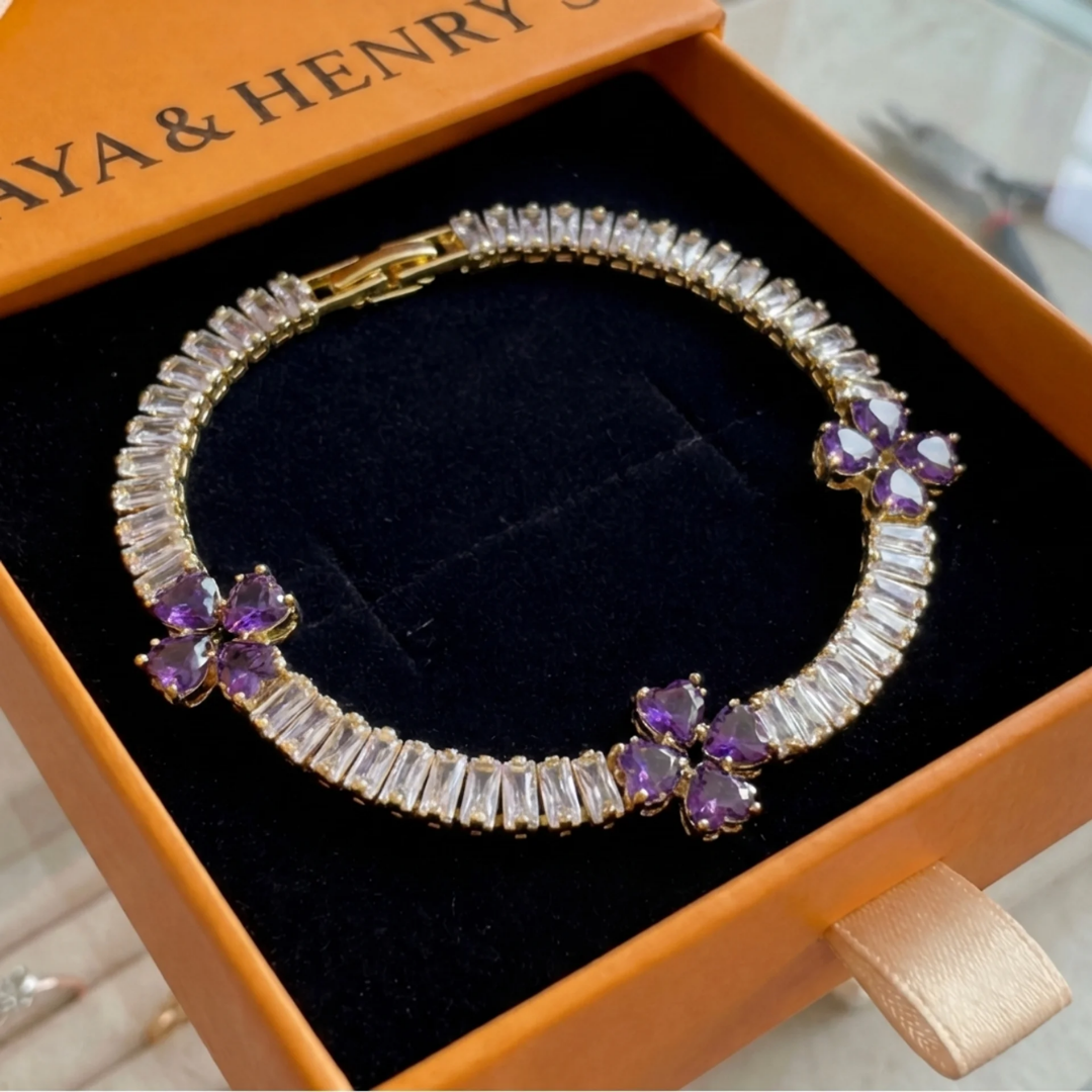 Pulsera Corazón Trébol Amatista | Oro