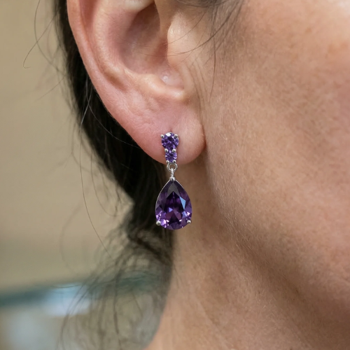 Aretes Gota de Rocío Amatista | Oro blanco