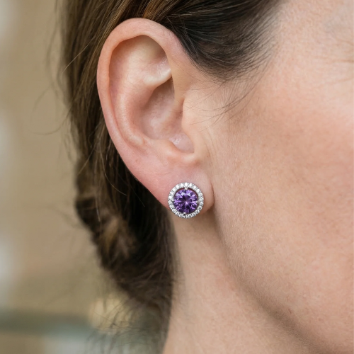 Aretes de Botón Amatista Pavé | Oro blanco