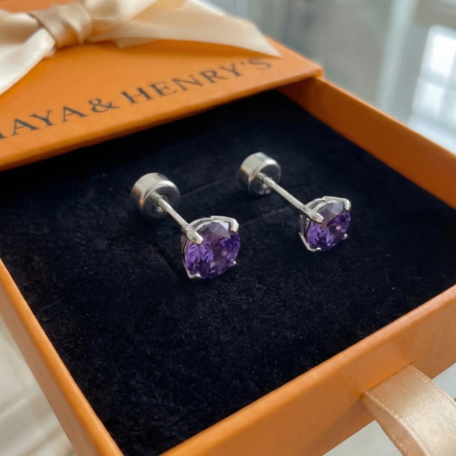 Aretes de botón de amatista | Oro blanco