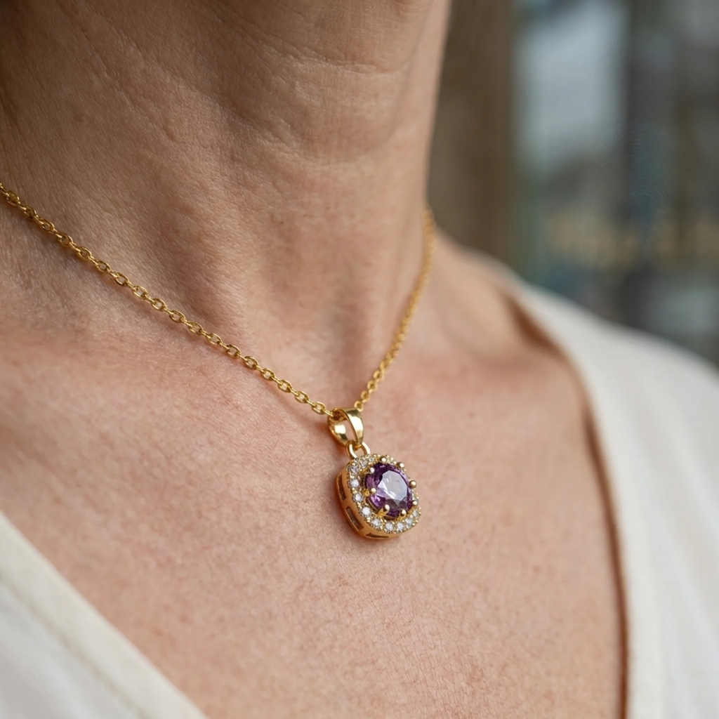 Collar Amatista Cuadrada Pavé | Oro