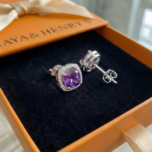 Aretes de Amatista Cuadrados con Pavé | Oro blanco