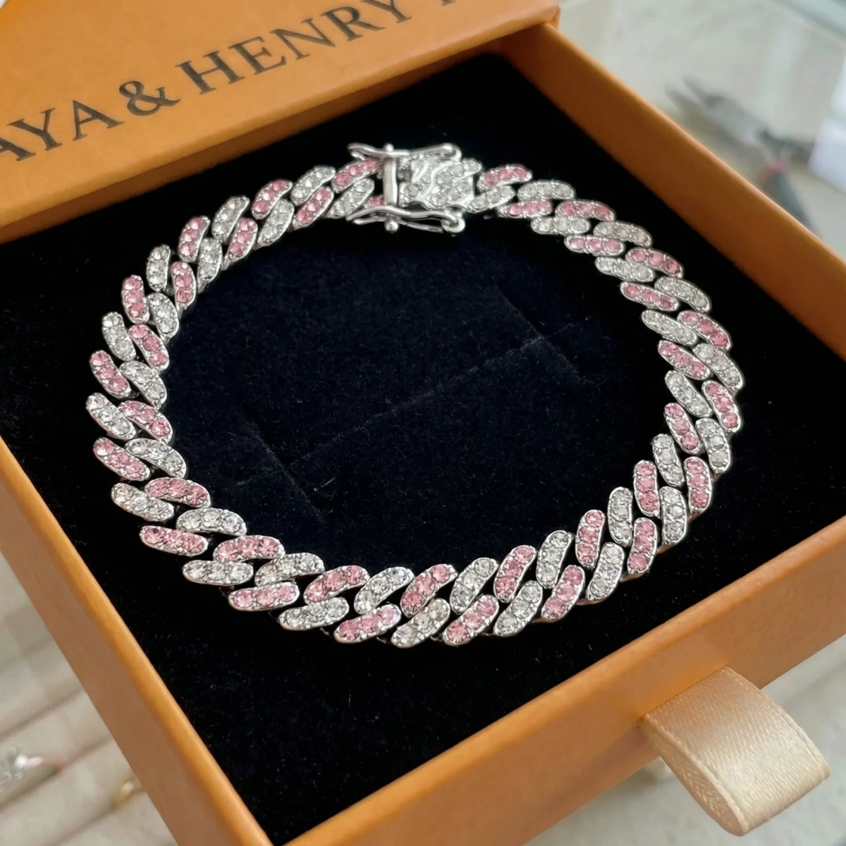 Pulsera Cubana Arctic Blush | Oro blanco