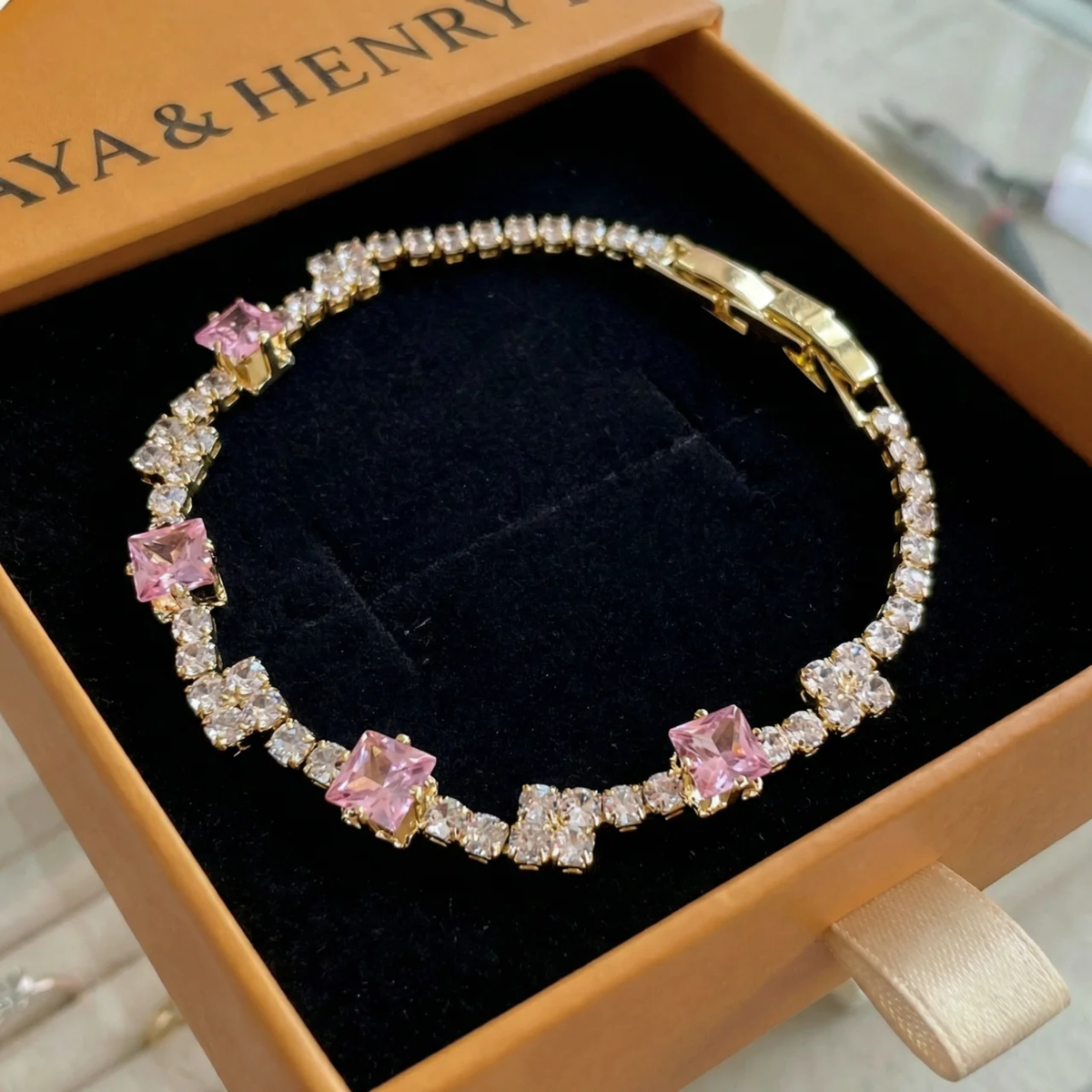 Pulsera de Tenis Cuadros Rosa Palo | Oro