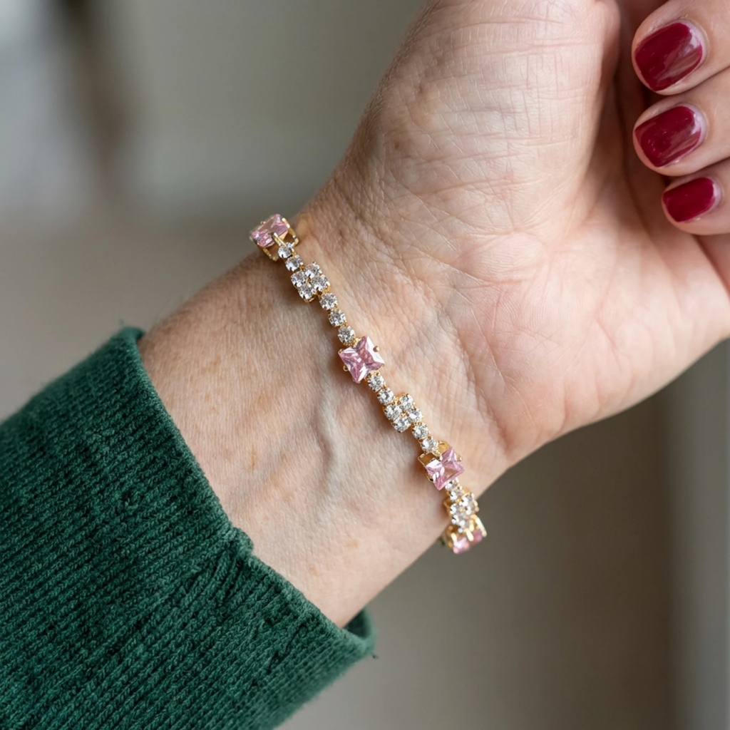 Pulsera de Tenis Cuadros Rosa Palo | Oro
