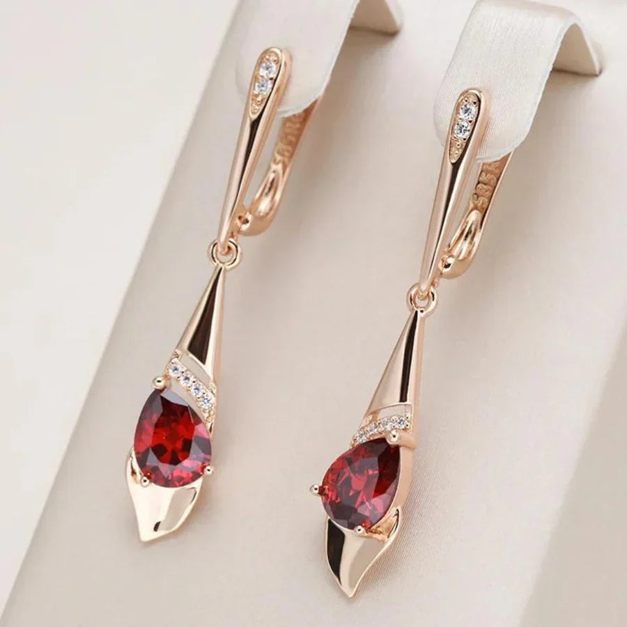Aretes Colgantes Exquisitos de Cristal Rojo | Oro