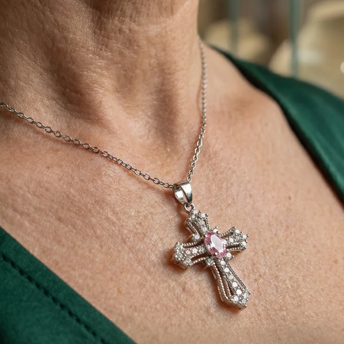 Collar con Dije Cruz Celestial Rosa | Oro blanco