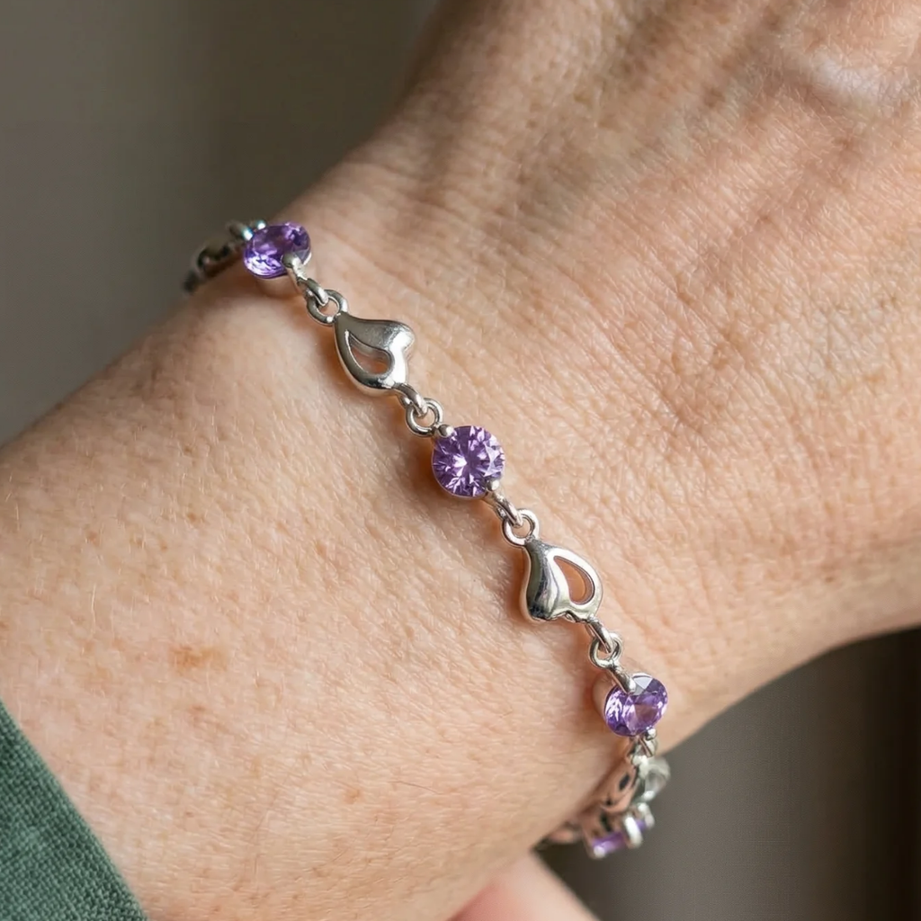 Pulsera Dije Corazón Amatista | Oro blanco