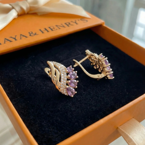 Aretes Pluma Violeta Nyvella | Oro rosa