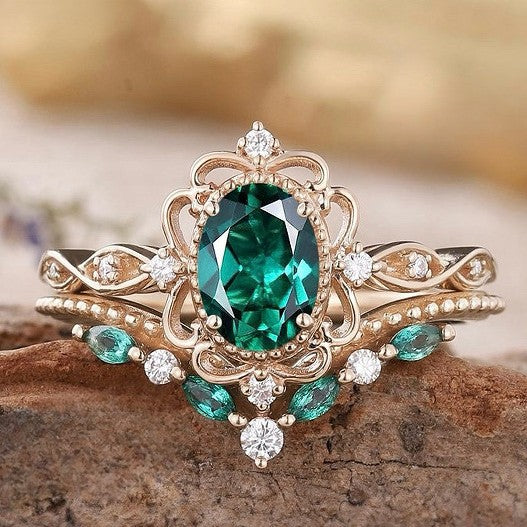 Juego de Anillos Corona Esmeralda Aurelle | Oro rosa