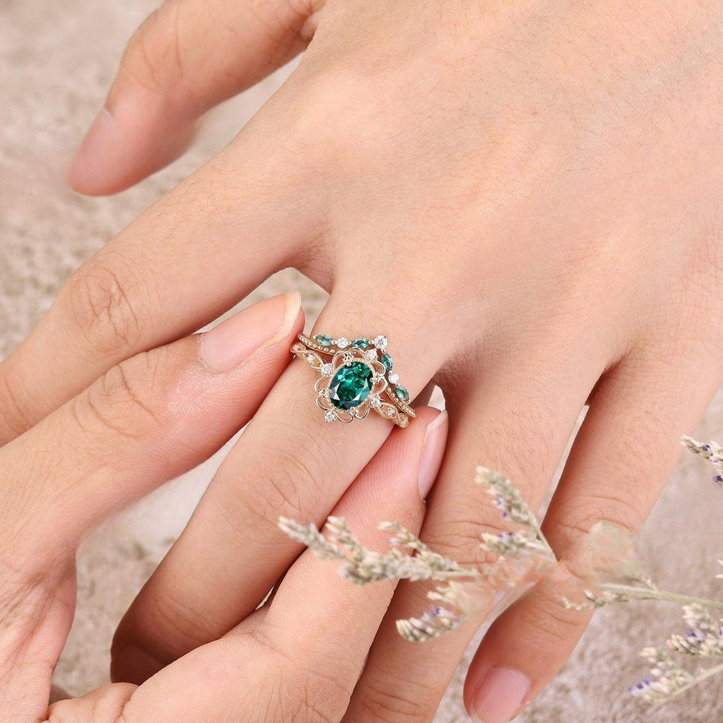 Juego de Anillos Corona Esmeralda Aurelle | Oro rosa