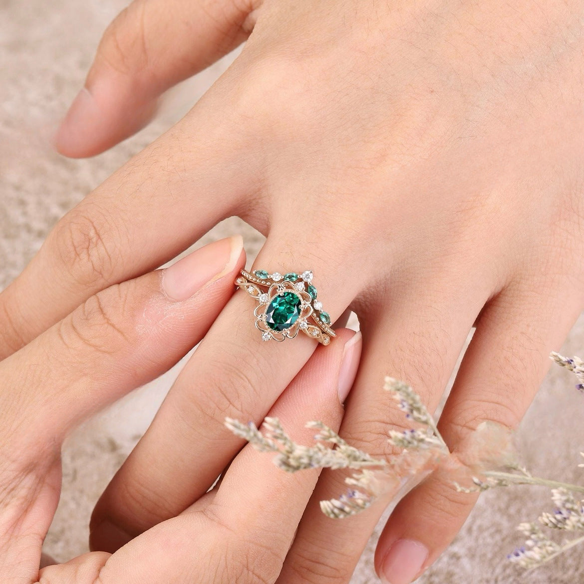 Juego de Anillos Corona Esmeralda Aurelle | Oro rosa