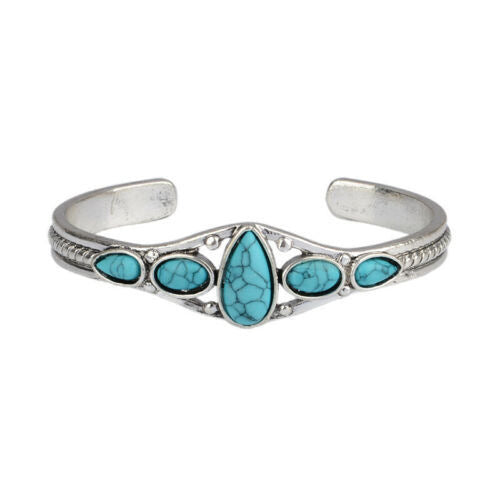 Pulsera Abierta Gota de Turquesa | Oro blanco