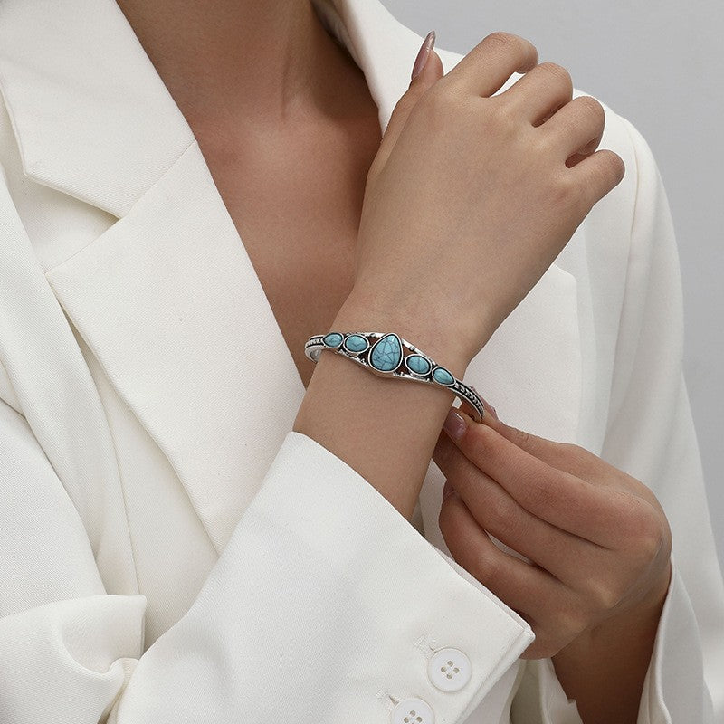 Pulsera Abierta Gota de Turquesa | Oro blanco