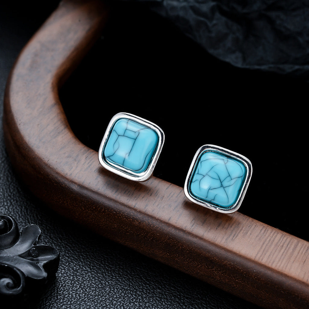 Aretes de Botón Turquesa Cuadrados | Oro blanco