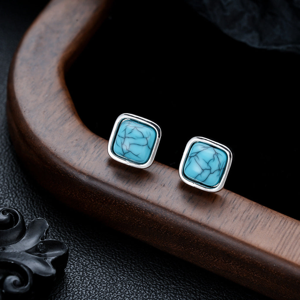 Aretes de Botón Turquesa Cuadrados | Oro blanco
