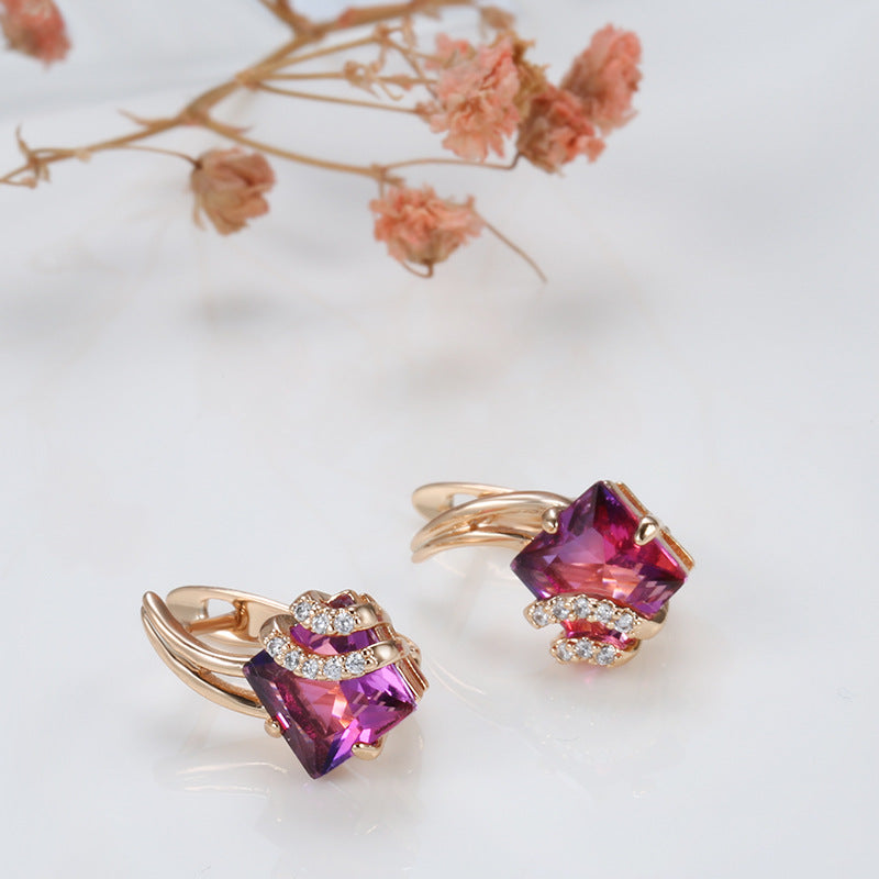 Aretes Cuadrados de Cristal Carmesí | Oro rosa