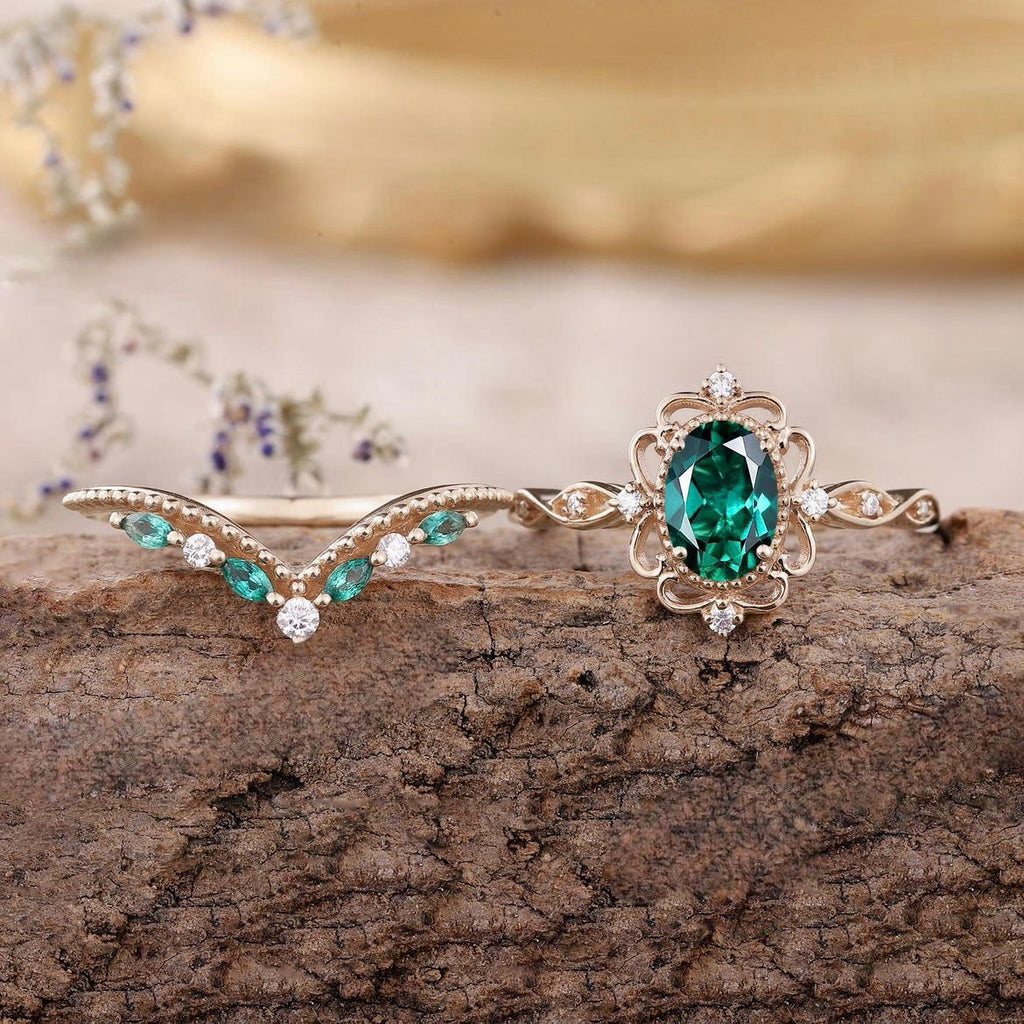 Juego de Anillos Corona Esmeralda Aurelle | Oro rosa