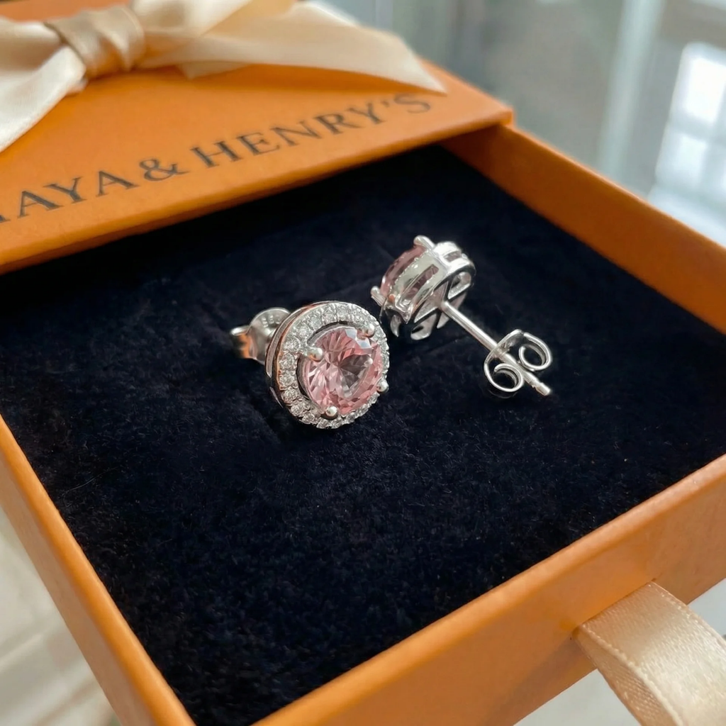 Aretes de Botón Rosa Pavé | Oro blanco