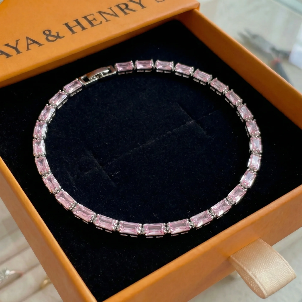Pulsera de Tenis Zafiro Rosa Prisma | Oro blanco