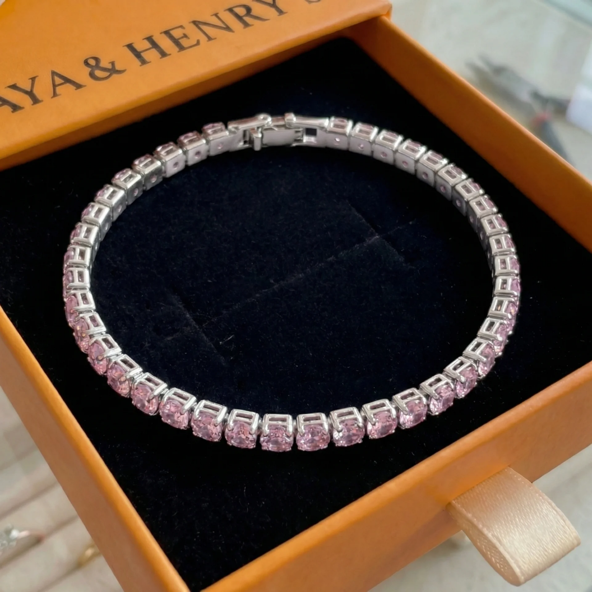 Pulsera de Tenis Zafiro Rosa | Oro blanco