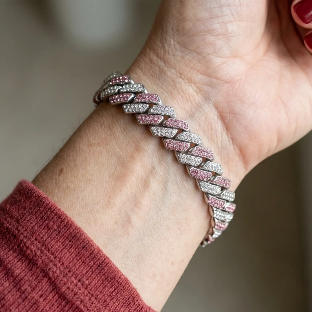 Pulsera Cubana Brillo Rosa | Oro blanco