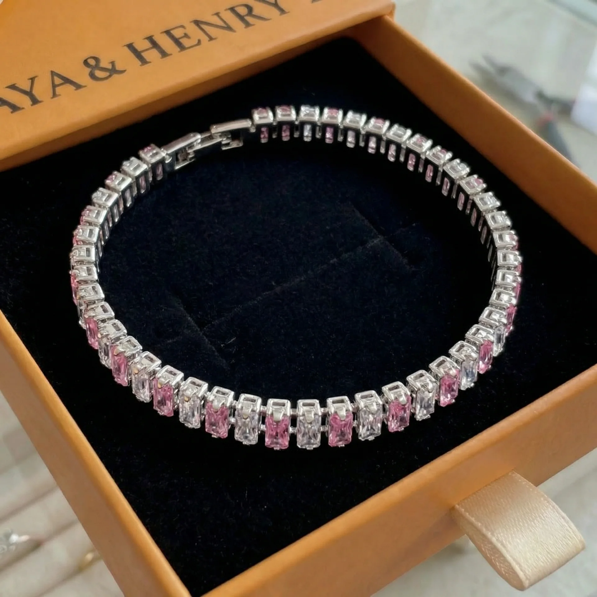 Pulsera de Tenis Raya Rosa | Oro blanco