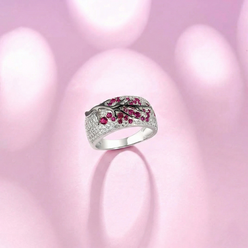 Anillo Árbol Flor de Rubí | Oro blanco
