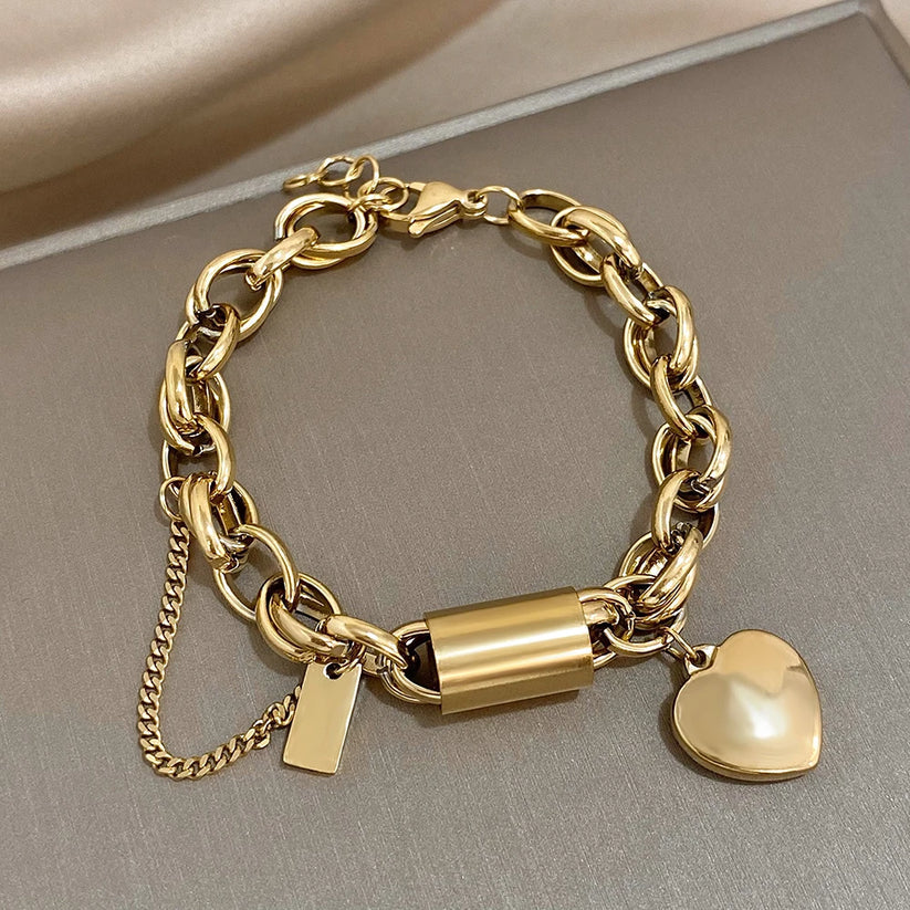 Pulsera Gruesa con Corazón | Oro blanco