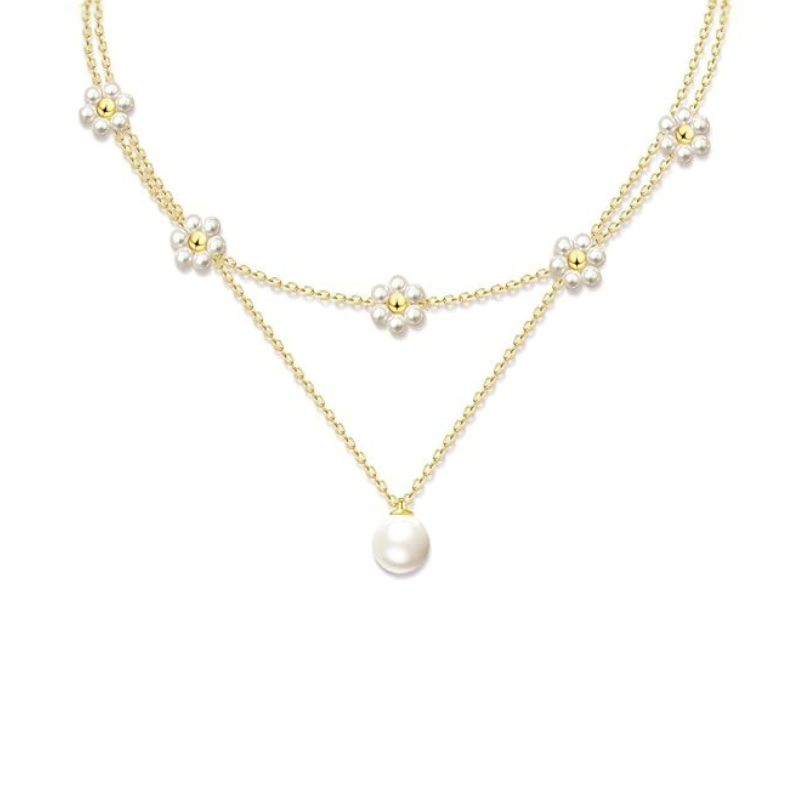 Collar Floral con Perla Multicapas | Oro