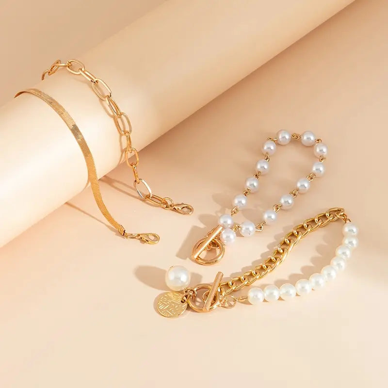 Juego de 4 Pulseras Oro Chic - Serpiente, Perlas y Eslabones