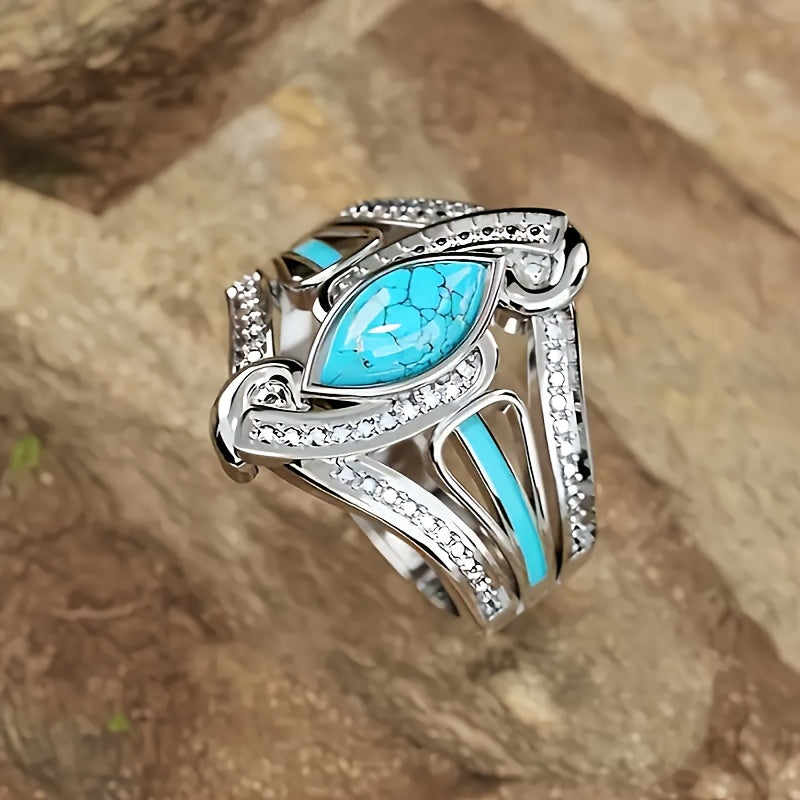 Anillo Llamativo de Turquesa Corte Marquesa | Oro blanco