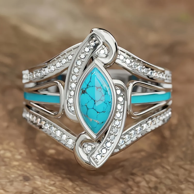 Anillo Llamativo de Turquesa Corte Marquesa | Oro blanco