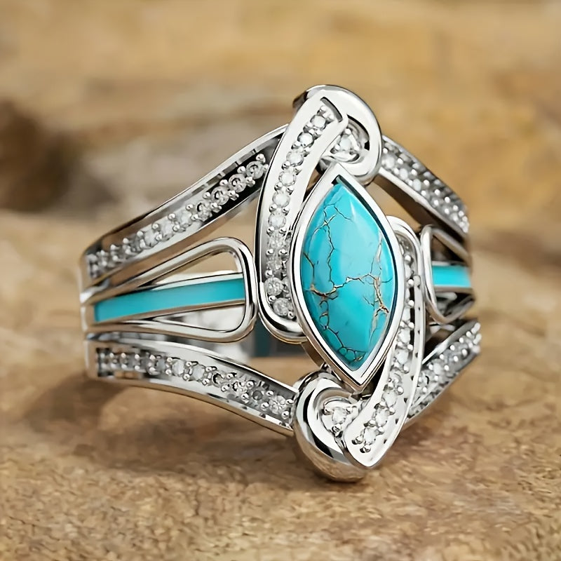 Anillo Llamativo de Turquesa Corte Marquesa | Oro blanco