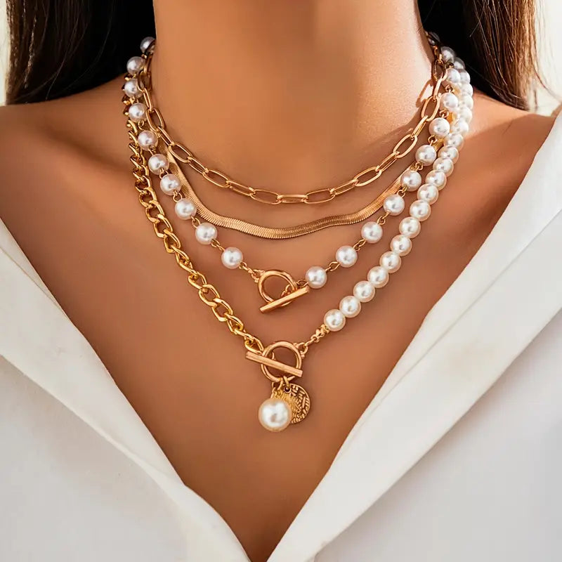 Juego de Collares Vintage de Perla y Cadena Serpiente | Oro