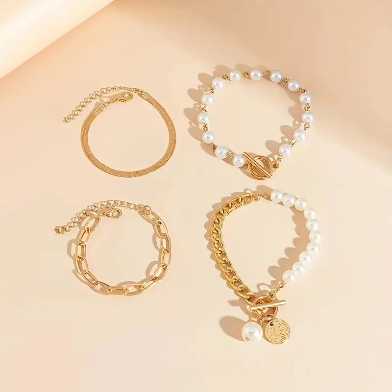 Juego de Pulseras Oro de 4 Piezas - Serpiente, Perlas y Eslabones