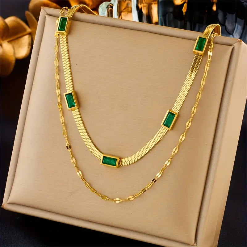 Collar Retro Sorella de Doble Capa con Gema | Oro
