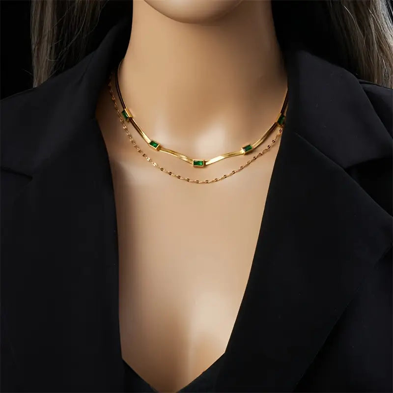 Collar Retro Sorella de Doble Capa con Gema | Oro