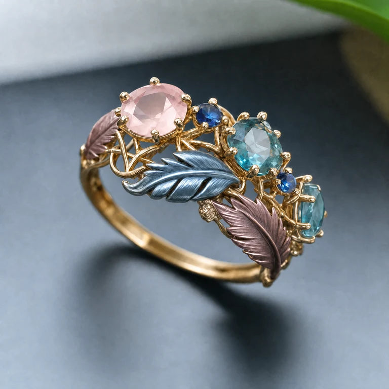 Anillo de Cristal con Pluma Exótica Antigua | Oro